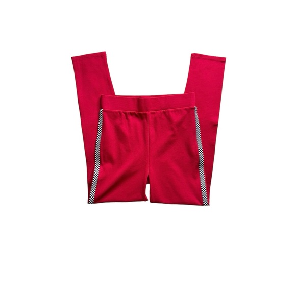 HIGH-RISE SKINNY RED LEGGINGS W/ CHECKERED SIDE TRIM • SIZE M - Picture 2 of 5